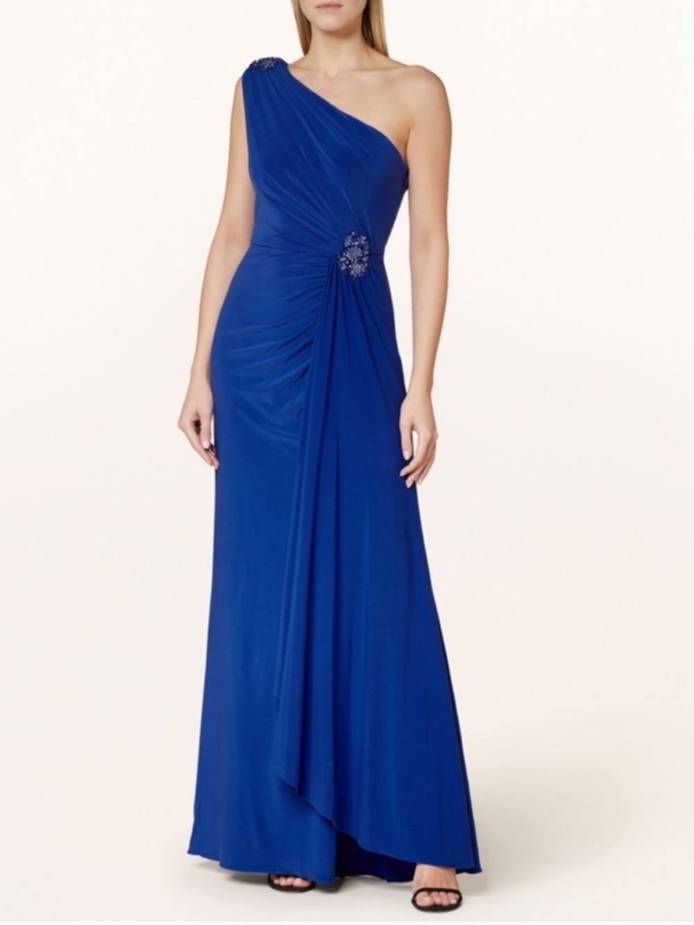 ADRIANNA PAPELL One Shoulder Draped Gown With Sequin Accents Size 6